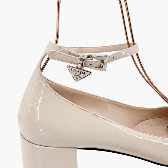 Prada Decolette Triangle Logo Mary Jane Pumps Size 40 US 10 Beige White Low Heel - Picture 9 of 14